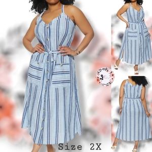 🆕️Tie waist button front Striped dress 2X